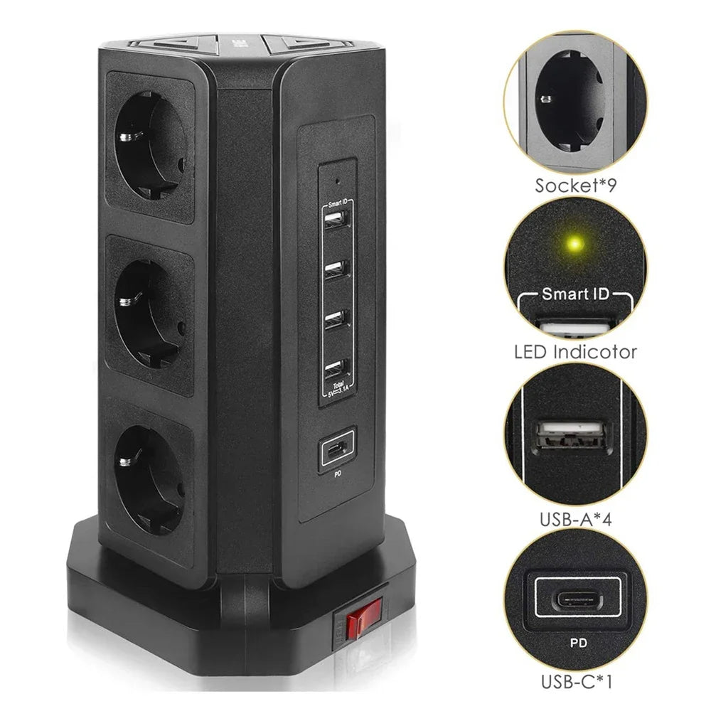Vertical Power Strip Tower with USB Type-C and Surge Protection – 9 Outlets, 5 USB Ports