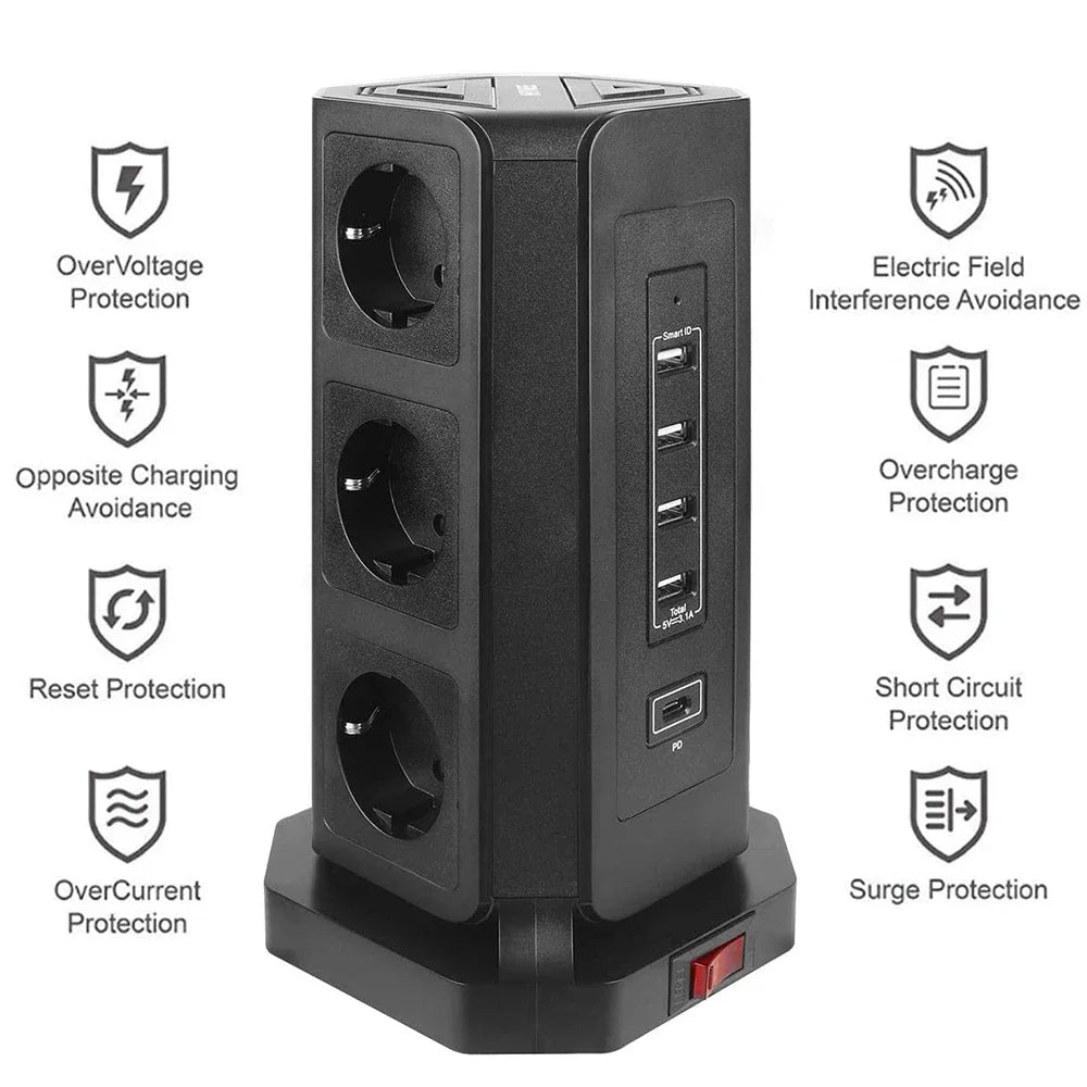 Vertical Power Strip Tower with USB Type-C and Surge Protection – 9 Outlets, 5 USB Ports