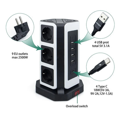 Vertical Power Strip Tower with USB Type-C and Surge Protection – 9 Outlets, 5 USB Ports